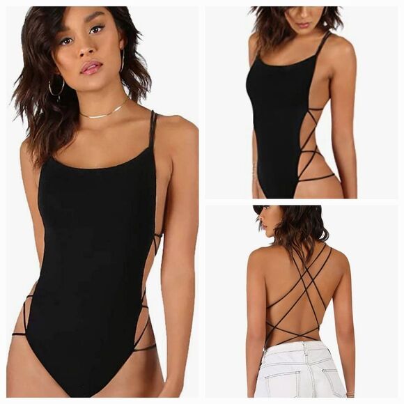 🔹️NWOT Black Strappy Open Back Bodysuit Medium - Picture 1 of 14